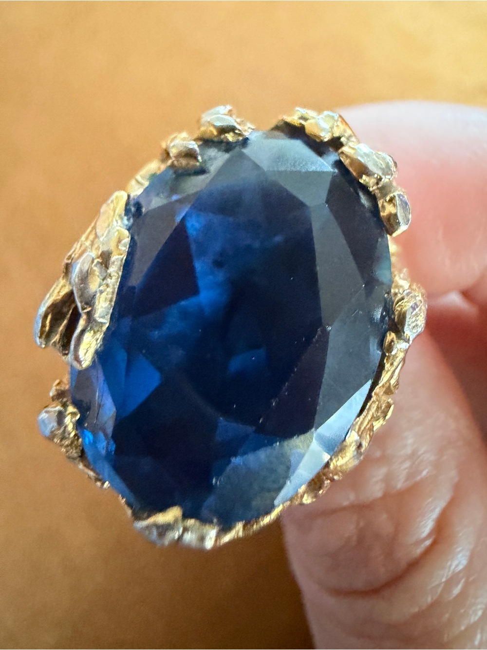 Vintage Oversized Cobalt Blue Stone Gold Tone Statement Cocktail Ring